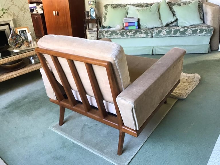 RARE MID CENTURY MODERN RAIL BACK DESIGNER ARMCHAIR.