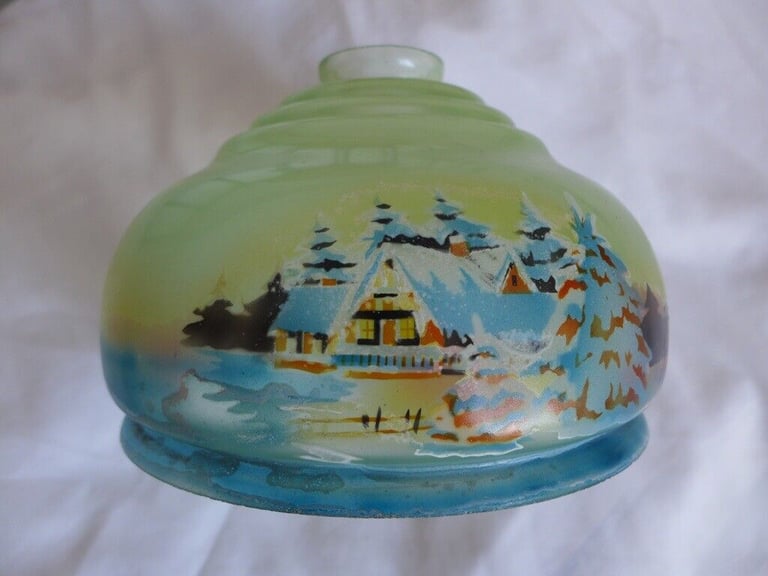 image for Vintage antique hand-painted glass lampshade lamp shade light shade with glass tube fringing.