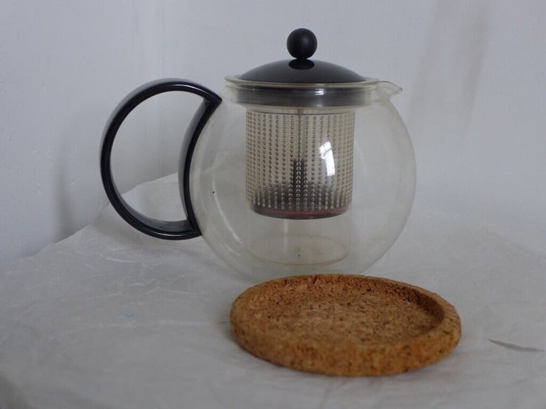 Vintage BODUM Glass Teapot with Loose Leaf Tea Infuser and Original Cork Mat Stand.