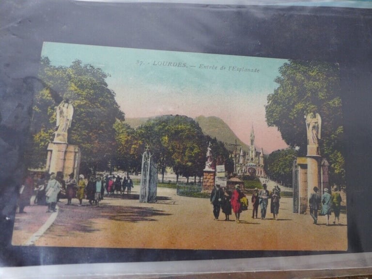 Album of Vintage Antique Postcards: many of LOURDES, plus 1930s Birthday Greetings Postcards.
