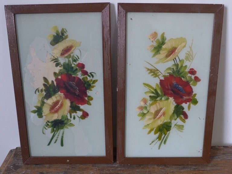 Collectable framed artwork: Pair of VICTORIAN ANTIQUE FLORAL OIL PAINTINGS ON GLASS. Two for £95