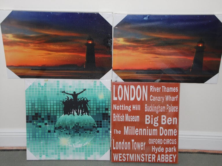 4 x CANVAS PRINTs 3 LED LONDON LANDMARKS GLOBAL DISCO LIGHTHOUSE AT SUNSET PRINT