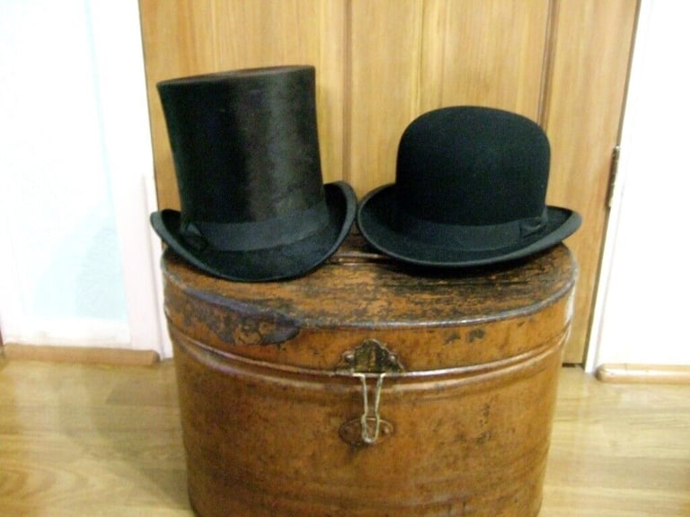 Top and Bowler Hats Vintage with vintage tin hat box (grouped)