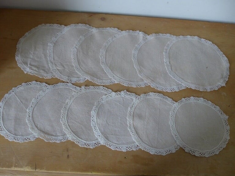 12 Vintage Matching, Crocheted, Lace-Edged, Linen Doilies/Table/Place/Dressing-Table Mats. Two sizes