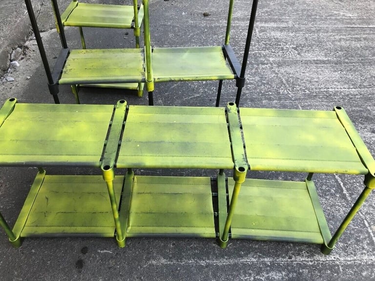 FOUR PLASTIC/MATERIAL DISPLAY STANDS GREEN/BLACK FOR SHOP RETAIL DISPLAY