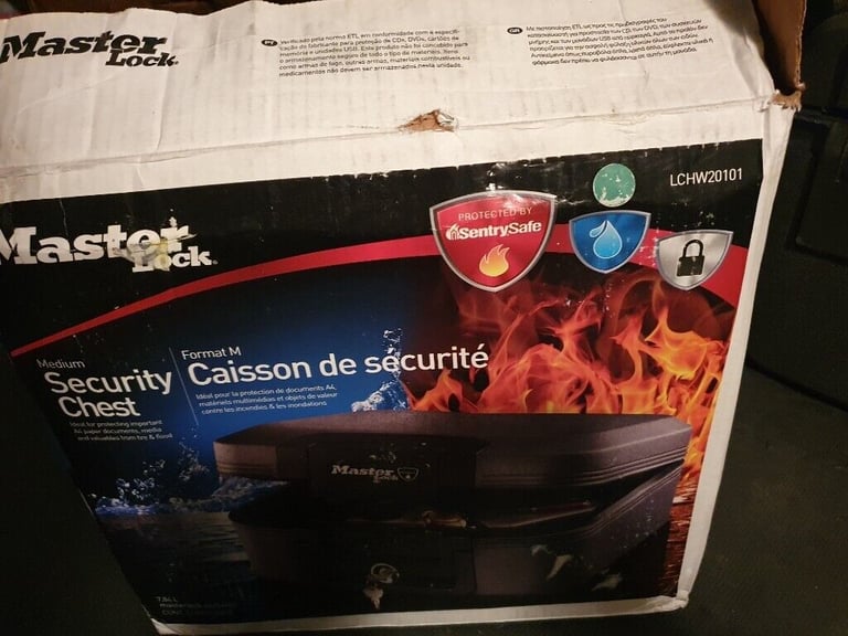  Master lock fire and flood security Chest  No keys with it as a small crack on the bottom see pics
