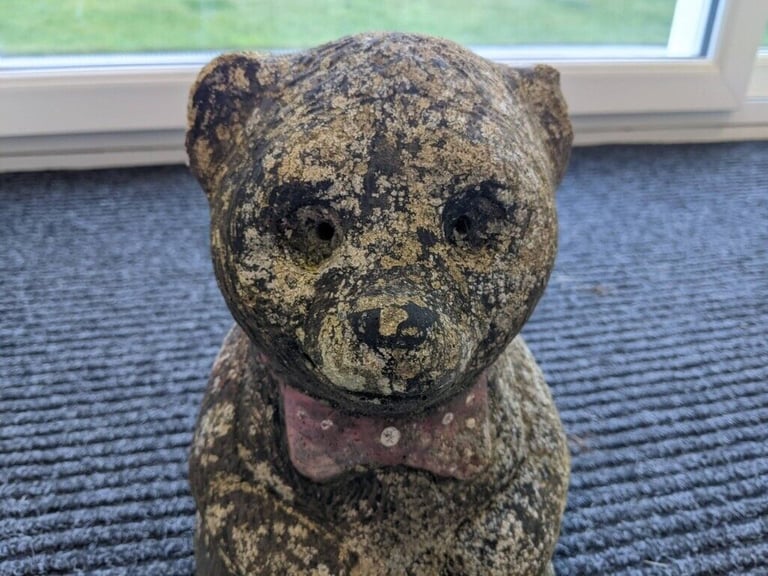 GREY STONE BEAR WITH RED BOW TIE GARDEN ORNAMENT 17cm L x 27cm H x 22cm W