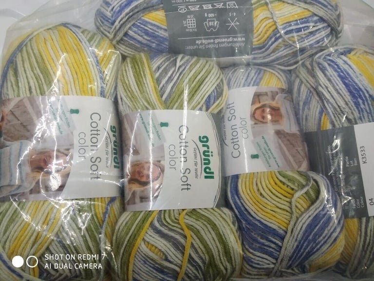 GRUNDL COTTON SOFT COLOR DOUBLE KNITTING 50% COTTON MIX 5X100G RANDOM PRINT NEW
