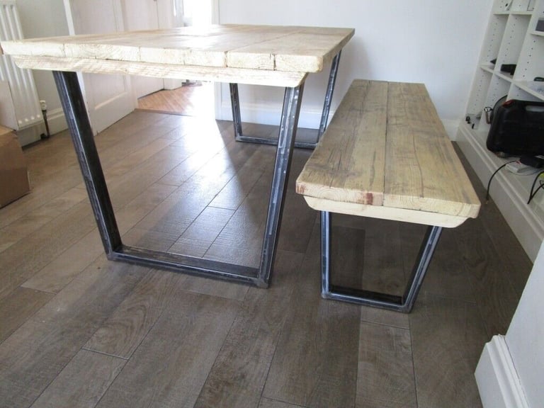 Dining table and bench, reclaimed wood and industrial metal base,Kitchen table,table,tables,vintage