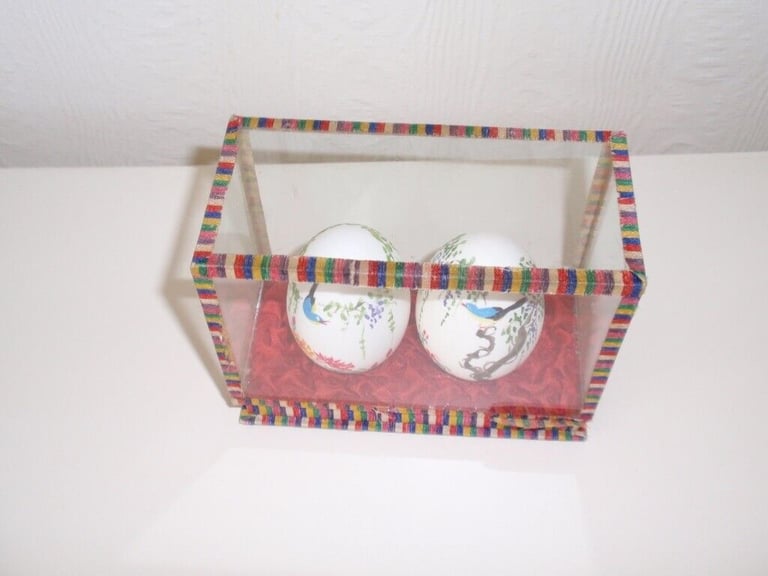 Set of two Chinese style painted eggs in display box