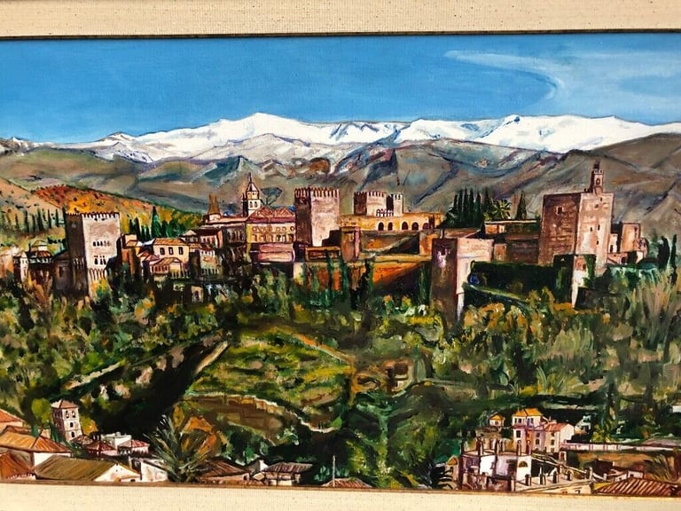 ORIGINAL UNIQUE CANVAS OIL PAINTING OF THE ALHAMBRA GRANADA, PROVIDED WITH A BEAUTIFUL FRAME