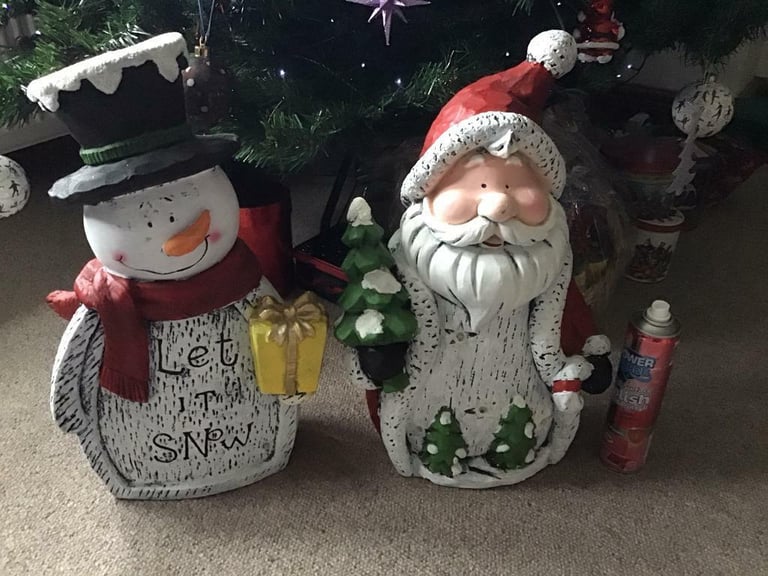 Santa and Snowman musical lights terracotta figures. £30 FOR BOTH !!