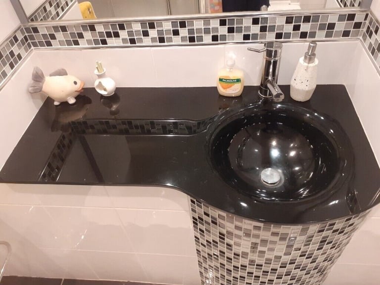 2 x NEW UNUSED Designer  Black P Shaped Glass Basins WILL SELL SEPARATELY