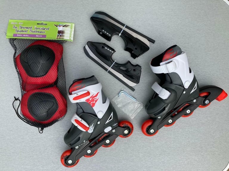 BRAND NEW Childrens 2-in-1 in-line roller blade & ice skate set plus protective padding set