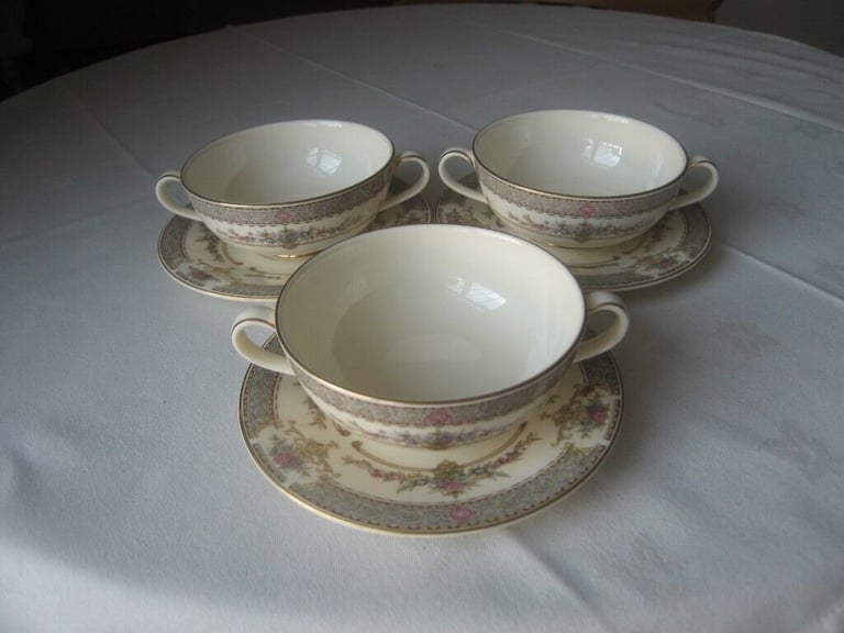 3 Minton Persian Rose Soup Bowls with Twin Handles, including saucers