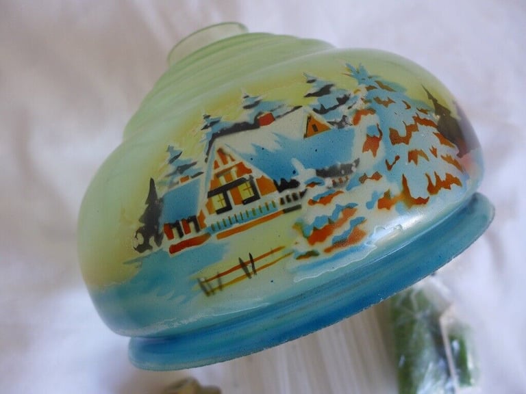 Vintage antique hand-painted glass lampshade lamp shade light shade with glass tube fringing.