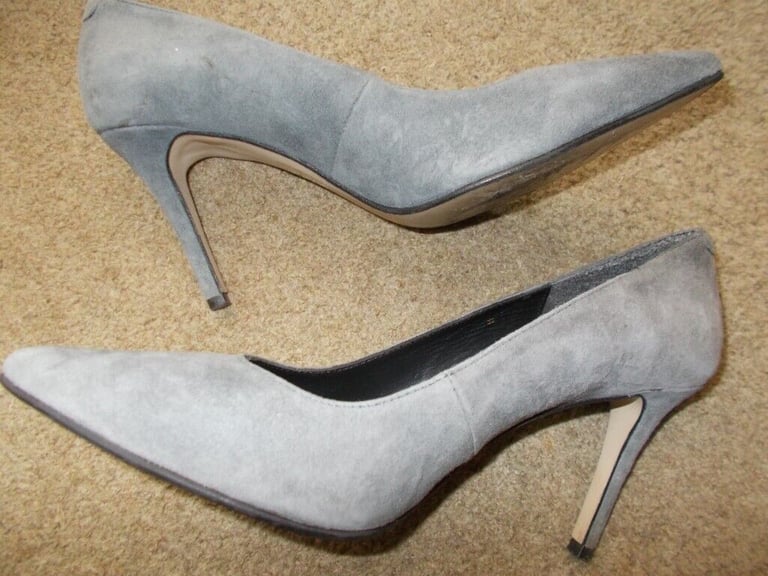 Grey suede high heels.