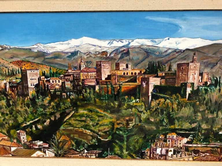 ORIGINAL UNIQUE CANVAS OIL PAINTING OF THE ALHAMBRA GRANADA, PROVIDED WITH A BEAUTIFUL FRAME
