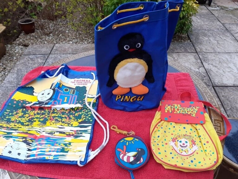 RARE Vintage Pingu, Mr. Blobby, Thomas the Tank Engine Bags from the 1990's