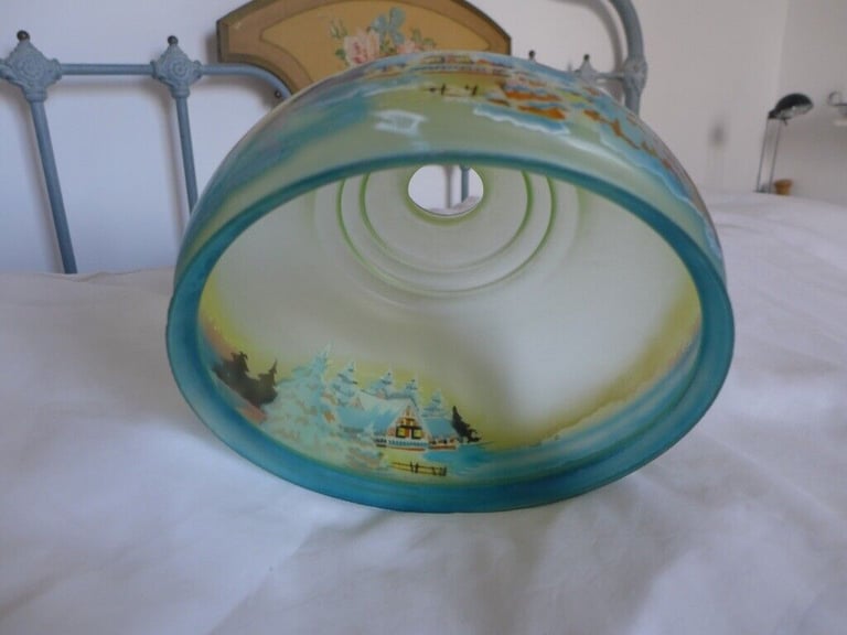 Vintage antique hand-painted glass lampshade lamp shade light shade with glass tube fringing.