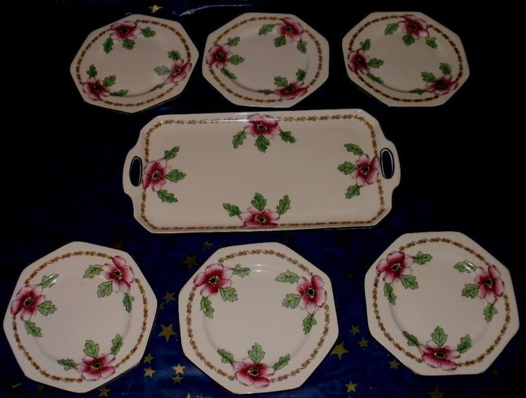 image for John Tams China Pottery   Set 6 plates and sandwich/cake plate very pretty and retro