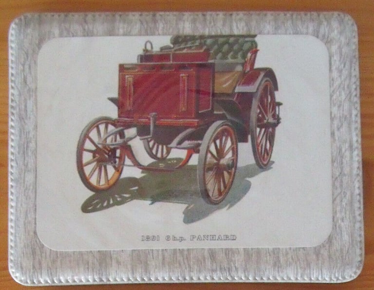 3 vintage kitsch plastic coasters,vintage cars: 1891 Panhard; 1904 Humberette; 1906 Renault.Can post