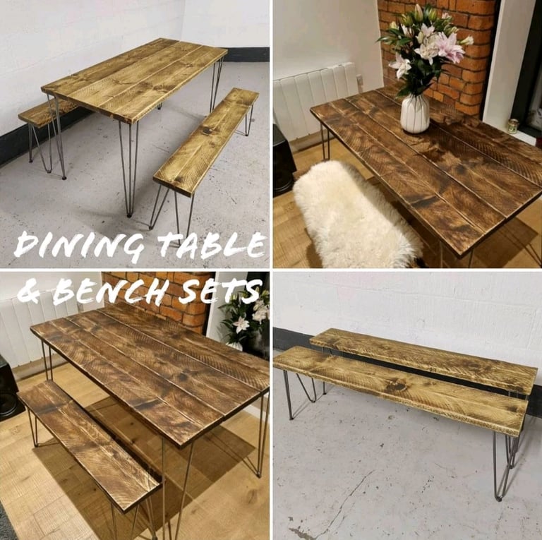 image for Rustic Dining Table (with One, or Two Benches) & Steel Hairpin Legs