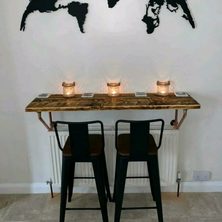 Rustic Wall Mounted Breakfast Bar, supported by Copper Pipe Brackets 