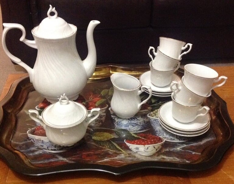 image for 15-Piece Gold Rimmed White Porcelain Coffee Set