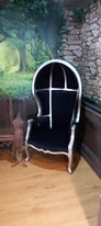 Stunning large enclosed porters armchair,silver and black velvet 