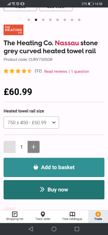 The Heating Co. Nassau stone grey heated towel rail 750 x 450