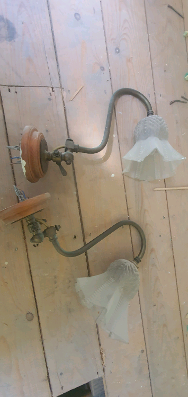 Forsted glass gas converted swan neck electric lights one pair 