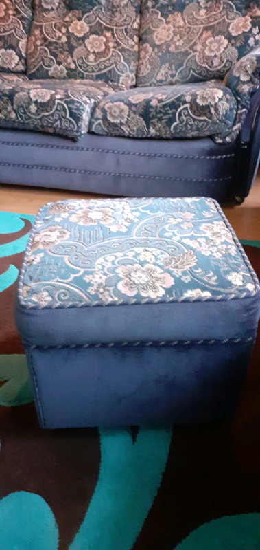 Blue 3 seater velvet sofa with a matching foot stool 