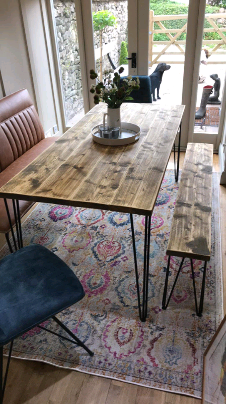 Rustic Dining Table (with One, or Two Benches) & Steel Hairpin Legs