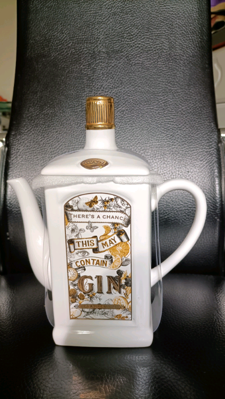 Large and elegant white teapot "This May Contain GIN"