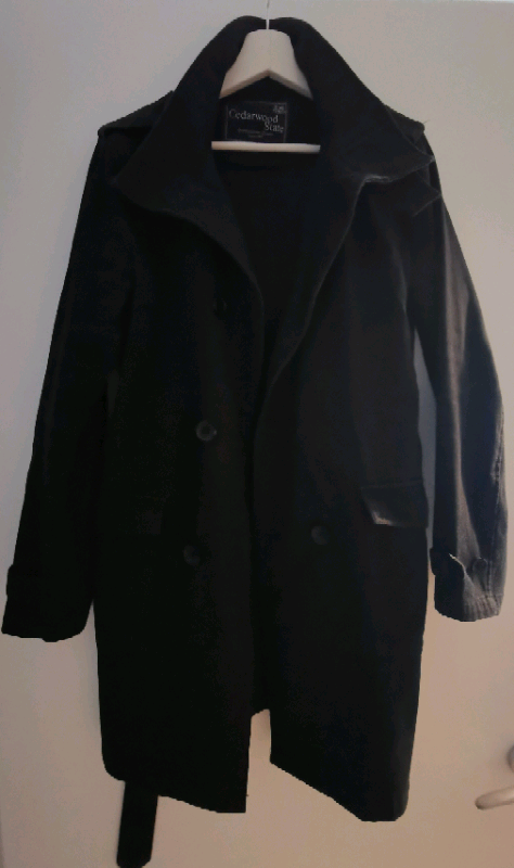 Long black coat with pockets and belt
