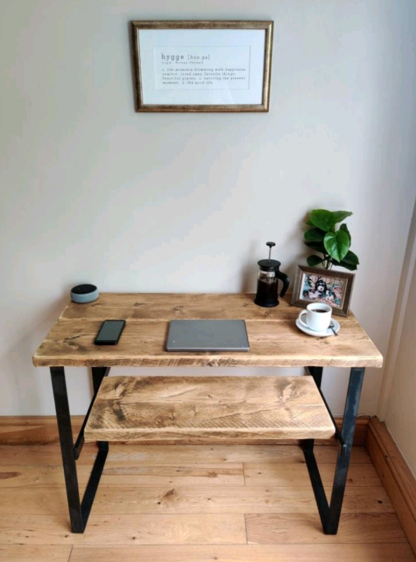 image for Rustic Desk, with Retractable Keyboard Shelf & Raw Steel Legs