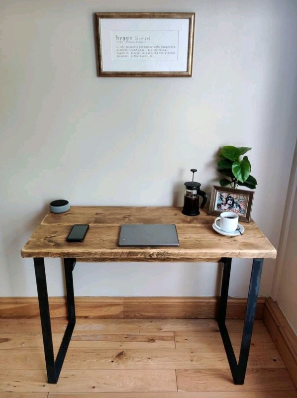 Rustic Desk, with Retractable Keyboard Shelf & Raw Steel Legs