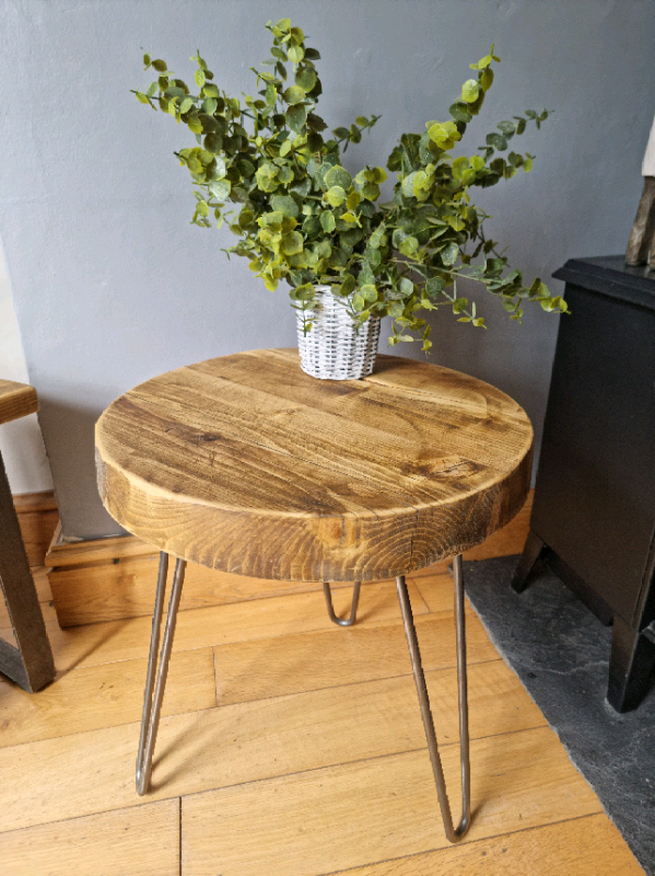 Chunky Round Rustic Side Table, with Steel Hairpin Legs
