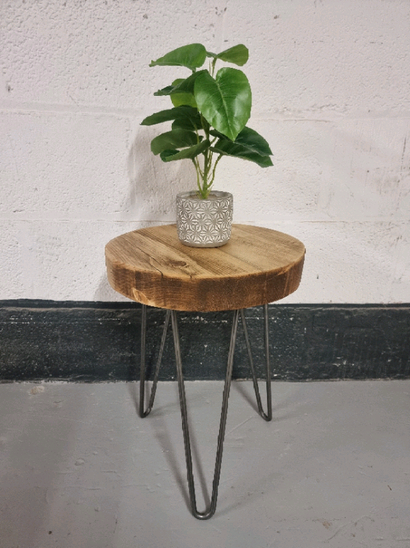 Chunky Round Rustic Side Table, with Steel Hairpin Legs