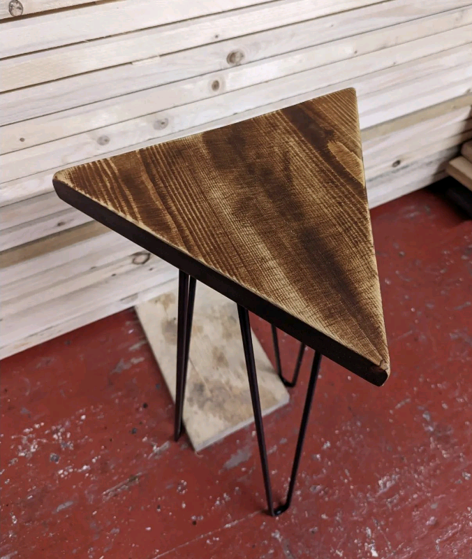 Triangular Rustic Plant Stand/ End Tables, with Steel Hairpin Legs 