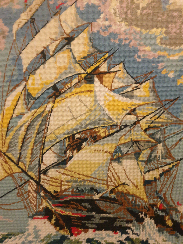 Ship on waves ,crossstitched picture 