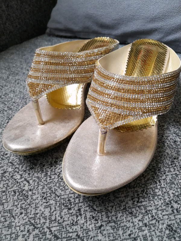 image for Gold jewel heel sandals UK size 5