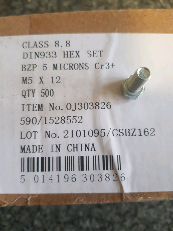 M5 x12 stainless hex bolts. Box of 500. New. £30 can deliver 