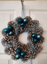 Handmade snow pine cone blue Christmas wreath