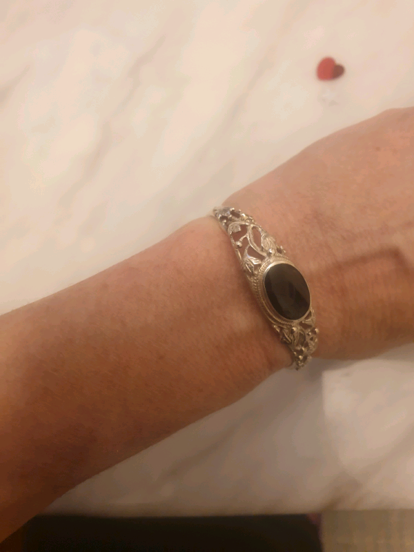 image for Onyx, silver 925 flower, adjustable cuff bracelet
