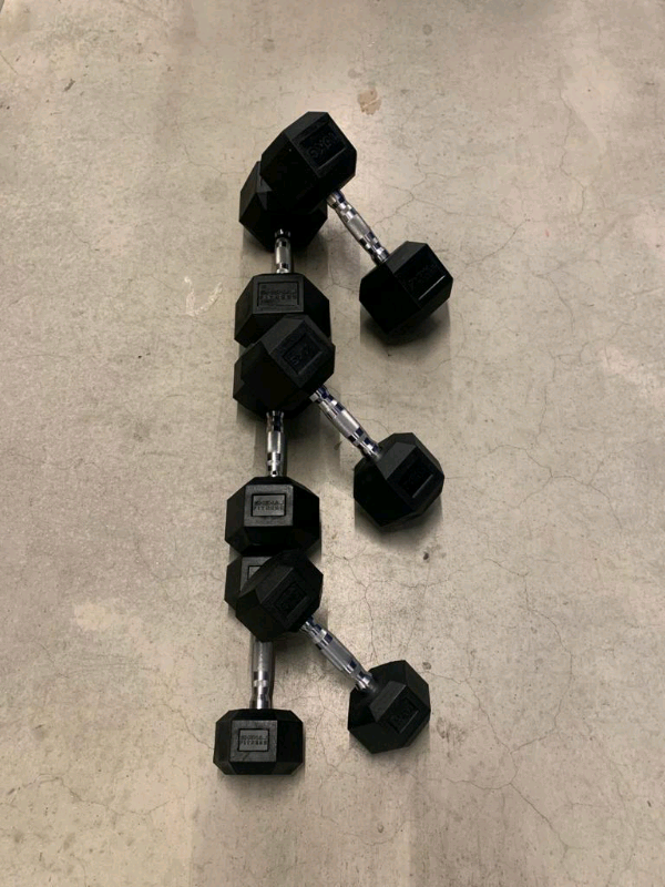 New- 2x15kg , 2x10kg and 2x5kg rubber hex dumbbells