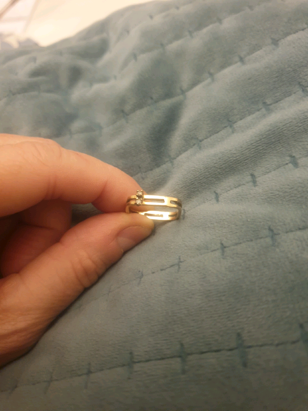 Modern 10K gold, 2 diamonds, square ring, authentic 