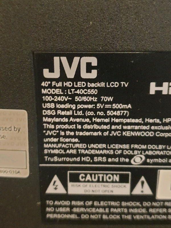 JVC 40 inch Led Tv .model LT-40C550 for repair or Parts 