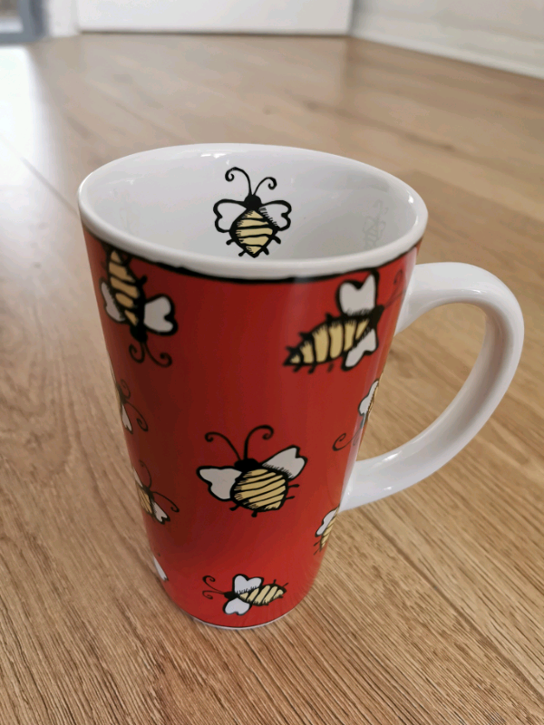 image for Tall Coffee Tea Mug Cup Honeybee design Red